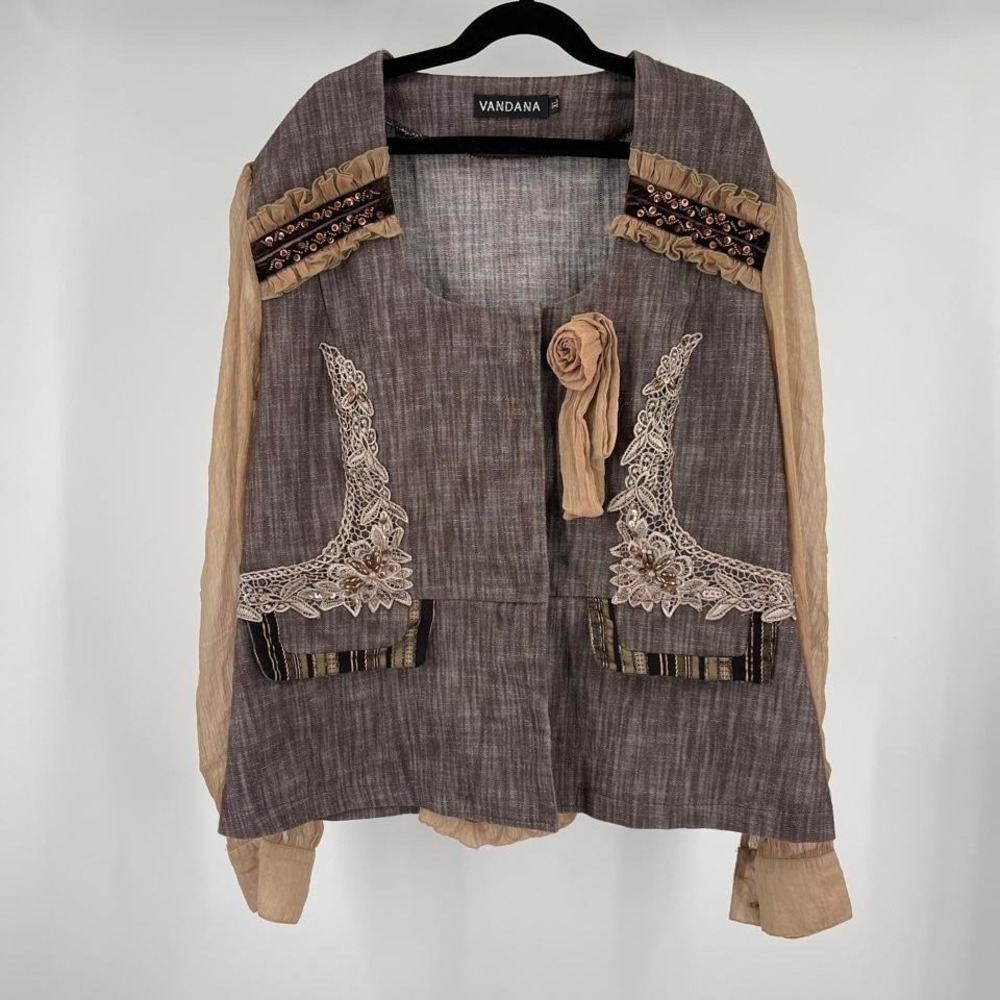 VTG Y2K Euro Beaded Blazer Top XL Mesh Lace Embellished Lace Boho French Unique